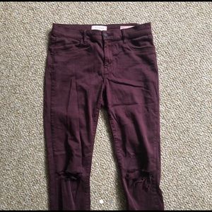 Maroon dark red skinny jeans with double knee rips